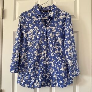 Cotton NY&Co Blue and White Floral Button-Up Shirt - Women's Top